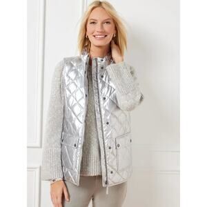 Talbots Quilted Down Puffer Vest Womens XL Silver Metallic Glam Chic Zip Warm